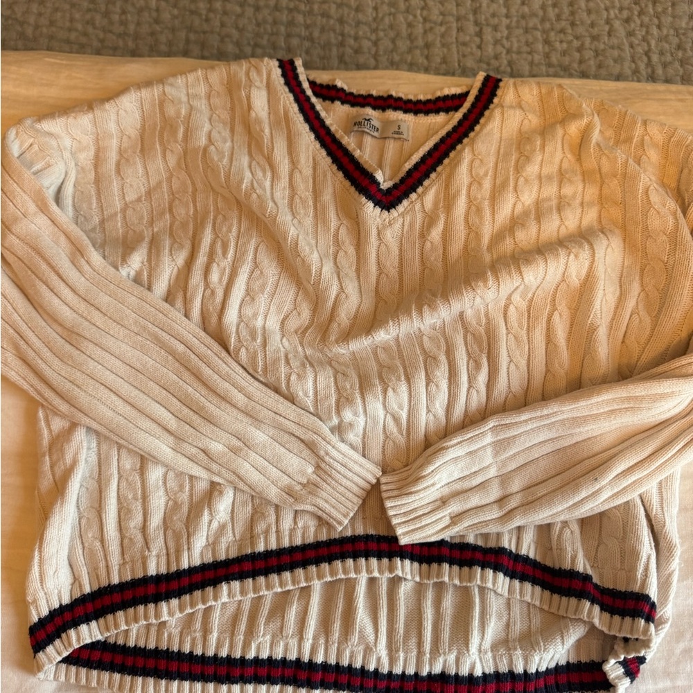 Hollister Cable Knit V-Neck Sweater with Red and Black Accents